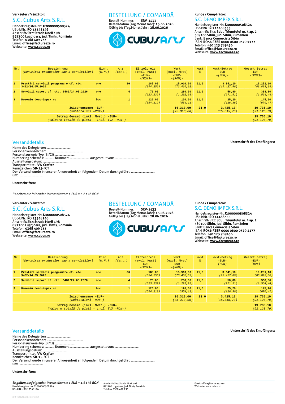 Comandă 2x per A4, Euro + RON, germană